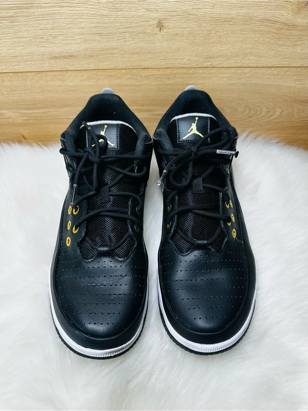 Jordan Max Aura 5 Black and Gold Athletic Sneakers